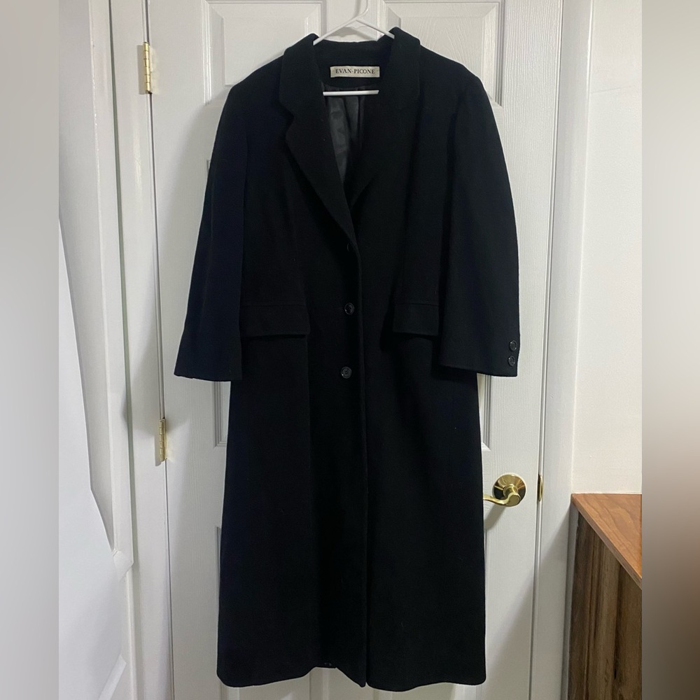 Evan Picone Vintage Black Merino Wool Camelhair Trench Coat